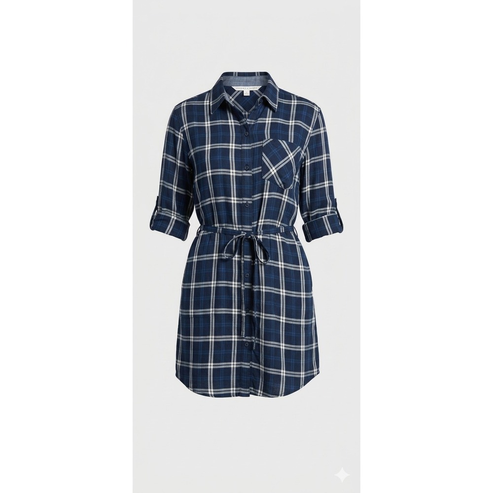 Veronica Beard Navy Blue Plaid Lyocell Mini Shirt Dress Size 8 Waist Tie Pocket